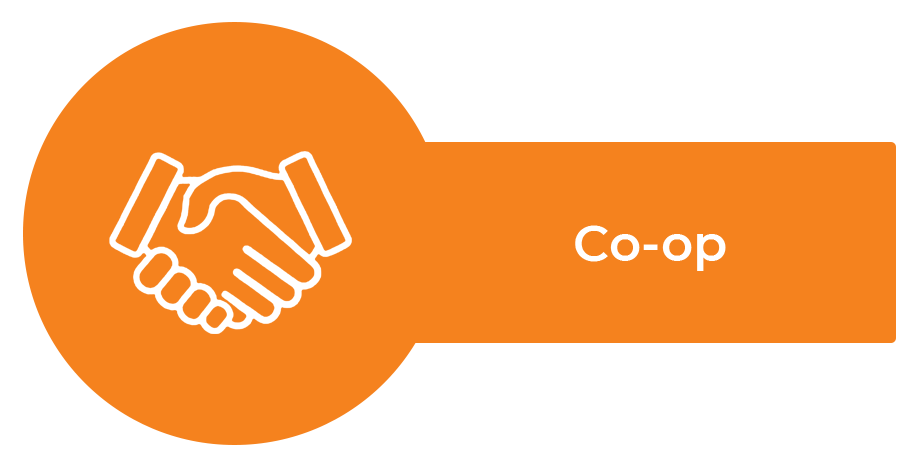 Icon of an outline of hands shaking in greeting. Text Reads: Co-op